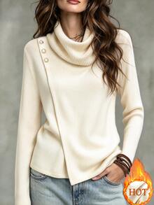 SHEIN Women's Soft Beige Ruched High Neck Long Sleeve Top, Asymmetrical Overlap Asymmetrical Hem, Shoulder Pearl & Metal Button Decor, Design-Focused Slim Fit Blouse, Elegant Lightweight Luxury, Flattering Versatile Commuter Inner Layer Or Outer Wear Pullover - Apricot - View 3