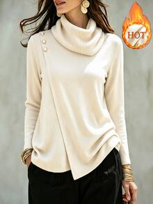 SHEIN Women's Soft Beige Ruched High Neck Long Sleeve Top, Asymmetrical Overlap Asymmetrical Hem, Shoulder Pearl & Metal Button Decor, Design-Focused Slim Fit Blouse, Elegant Lightweight Luxury, Flattering Versatile Commuter Inner Layer Or Outer Wear Pullover - Apricot - View 4