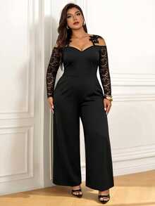 Femmeverse Plus Size Women's Lace Patchwork Cold Shoulder Wide Leg Jumpsuit, Black Cold Shoulder Sleeve Party Tulle Lace Sleeve Ruffle Strap Women's Party Jumpsuit - Black - View 7