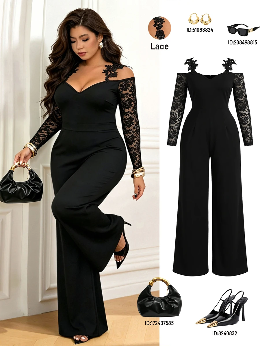 Femmeverse Plus Size Women's Lace Patchwork Cold Shoulder Wide Leg Jumpsuit, Black Cold Shoulder Sleeve Party Tulle Lace Sleeve Ruffle Strap Women's Party Jumpsuit - Black - View 1