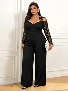 Femmeverse Plus Size Women's Lace Patchwork Cold Shoulder Wide Leg Jumpsuit, Black Cold Shoulder Sleeve Party Tulle Lace Sleeve Ruffle Strap Women's Party Jumpsuit - Black - View 4