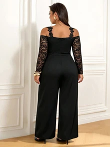Femmeverse Plus Size Women's Lace Patchwork Cold Shoulder Wide Leg Jumpsuit, Black Cold Shoulder Sleeve Party Tulle Lace Sleeve Ruffle Strap Women's Party Jumpsuit - Black - View 2