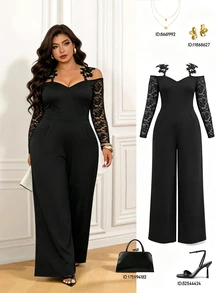 Femmeverse Plus Size Women's Lace Patchwork Cold Shoulder Wide Leg Jumpsuit, Black Cold Shoulder Sleeve Party Tulle Lace Sleeve Ruffle Strap Women's Party Jumpsuit - Black - View 6