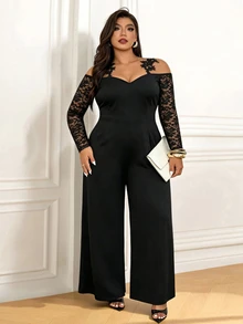Femmeverse Plus Size Women's Lace Patchwork Cold Shoulder Wide Leg Jumpsuit, Black Cold Shoulder Sleeve Party Tulle Lace Sleeve Ruffle Strap Women's Party Jumpsuit - Black - View 5