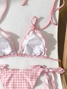 SHEIN Swim 2026熱銷2件組女款比基尼套裝，復古浪漫優雅成熟性感海灘泳衣，腰部綁帶側抽褶胸部支撐，隨機紅白條紋印花，波希米亞海灘俱樂部風，春夏款 - 粉色 - 查看 5