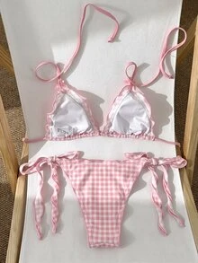 SHEIN Swim 2026熱銷2件組女款比基尼套裝，復古浪漫優雅成熟性感海灘泳衣，腰部綁帶側抽褶胸部支撐，隨機紅白條紋印花，波希米亞海灘俱樂部風，春夏款 - 粉色 - 查看 2