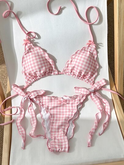 SHEIN Swim 2026熱銷2件組女款比基尼套裝，復古浪漫優雅成熟性感海灘泳衣，腰部綁帶側抽褶胸部支撐，隨機紅白條紋印花，波希米亞海灘俱樂部風，春夏款