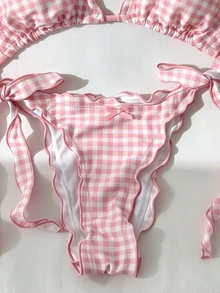 SHEIN Swim 2026熱銷2件組女款比基尼套裝，復古浪漫優雅成熟性感海灘泳衣，腰部綁帶側抽褶胸部支撐，隨機紅白條紋印花，波希米亞海灘俱樂部風，春夏款 - 粉色 - 查看 4