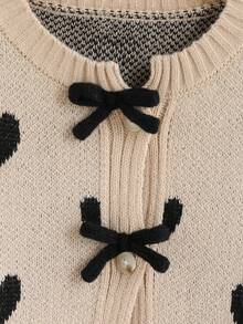 Tween Girls Heart Pattern Handmade Bow Decor Cardigan,Beige Autumn Elegant Formal Holiday Back-To-School Soft Long Sleeve Round Neck Knit Sweater - Khaki - View 7