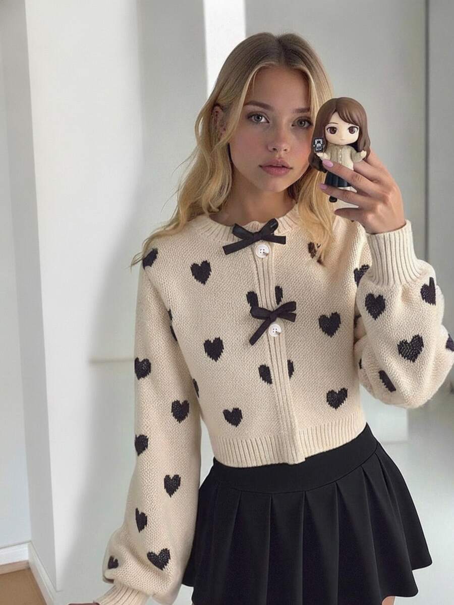 Tween Girls Heart Pattern Handmade Bow Decor Cardigan,Beige Autumn Elegant Formal Holiday Back-To-School Soft Long Sleeve Round Neck Knit Sweater - Khaki - View 1