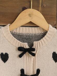 Tween Girls Heart Pattern Handmade Bow Decor Cardigan,Beige Autumn Elegant Formal Holiday Back-To-School Soft Long Sleeve Round Neck Knit Sweater - Khaki - View 6