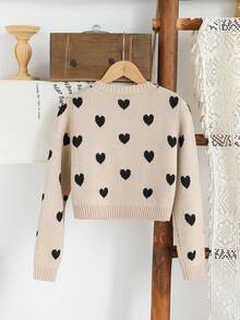 Tween Girls Heart Pattern Handmade Bow Decor Cardigan,Beige Autumn Elegant Formal Holiday Back-To-School Soft Long Sleeve Round Neck Knit Sweater - Khaki - View 2