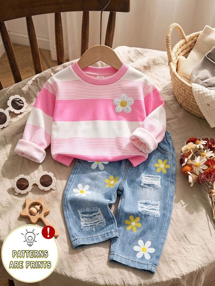 SHEIN Playful Pals 2pcs Toddler Girl T-Shirt Jean Set Cute Sweet Pink White Striped Daisy Floral Ripped Long Sleeve Crew Neck Regular Birthday Party Fall Holiday - Pink - View 1