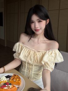 Joudiya Spring & Summer Yellow Ruffle Lace Patchwork Off-Shoulder Casual Vacation Beach Crop Top, Fitted Design Short Sleeve Blouse For Women Going Out Tops - Yellow - View 1