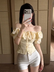 Joudiya Spring & Summer Yellow Ruffle Lace Patchwork Off-Shoulder Casual Vacation Beach Crop Top, Fitted Design Short Sleeve Blouse For Women Going Out Tops - Yellow - View 7