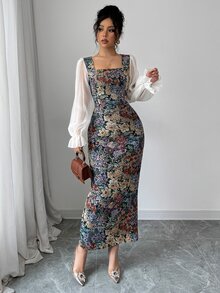 Modelyn Women's Multi-Color Patchwork Print Chiffon Square Neck Waistline Bodycon Long Sleeve A-Line Dress, Elegant Fall Cloth For Women - Multicolor - View 8