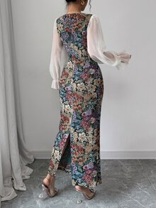 Modelyn Women's Multi-Color Patchwork Print Chiffon Square Neck Waistline Bodycon Long Sleeve A-Line Dress, Elegant Fall Cloth For Women - Multicolor - View 3