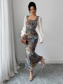 Modelyn Women's Multi-Color Patchwork Print Chiffon Square Neck Waistline Bodycon Long Sleeve A-Line Dress, Elegant Fall Cloth For Women - Multicolor - View 7