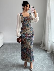 Modelyn Women's Multi-Color Patchwork Print Chiffon Square Neck Waistline Bodycon Long Sleeve A-Line Dress, Elegant Fall Cloth For Women - Multicolor - View 4
