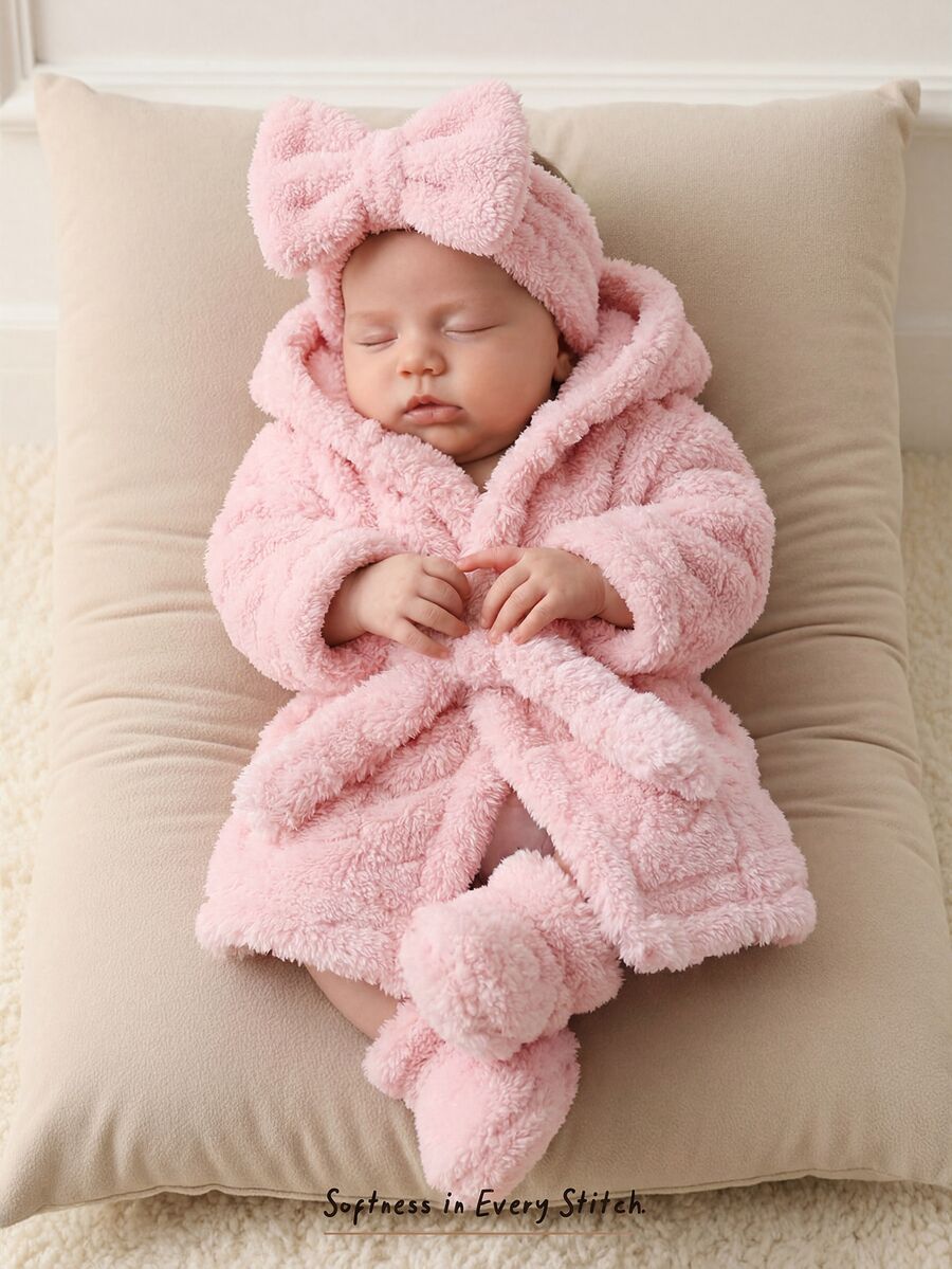 Cozy Pixies 新生兒加厚抓絨連帽長袖前綁帶睡袍 秋冬款 - 彩色 - 查看 1