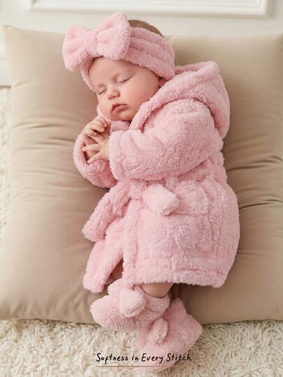 Cozy Pixies Newborn Baby Thick Fleece Hooded Long Sleeve Tie-Front Robe Autumn Winter
