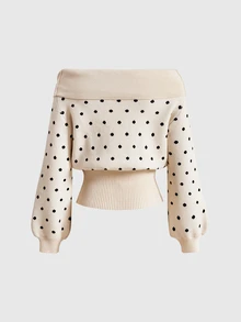 ROMWE Kawaii Autumn/Winter Christmas Y2K Style Off-Shoulder Polka Dot Sweet White Women's Warm Sweater - Apricot - View 3