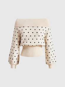 ROMWE Kawaii Autumn/Winter Christmas Y2K Style Off-Shoulder Polka Dot Sweet White Women's Warm Sweater - Apricot - View 2