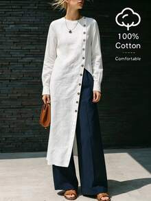 SHEIN Solid White Round Neck Diagonal Button Long Sleeve Maxi Dress For Women, Cuffed Lantern Sleeves, Front Slit, Loose Straight Fit, Artistic Minimalist Shirt-Style Versatile Top - White - View 6