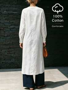 SHEIN Solid White Round Neck Diagonal Button Long Sleeve Maxi Dress For Women, Cuffed Lantern Sleeves, Front Slit, Loose Straight Fit, Artistic Minimalist Shirt-Style Versatile Top - White - View 2