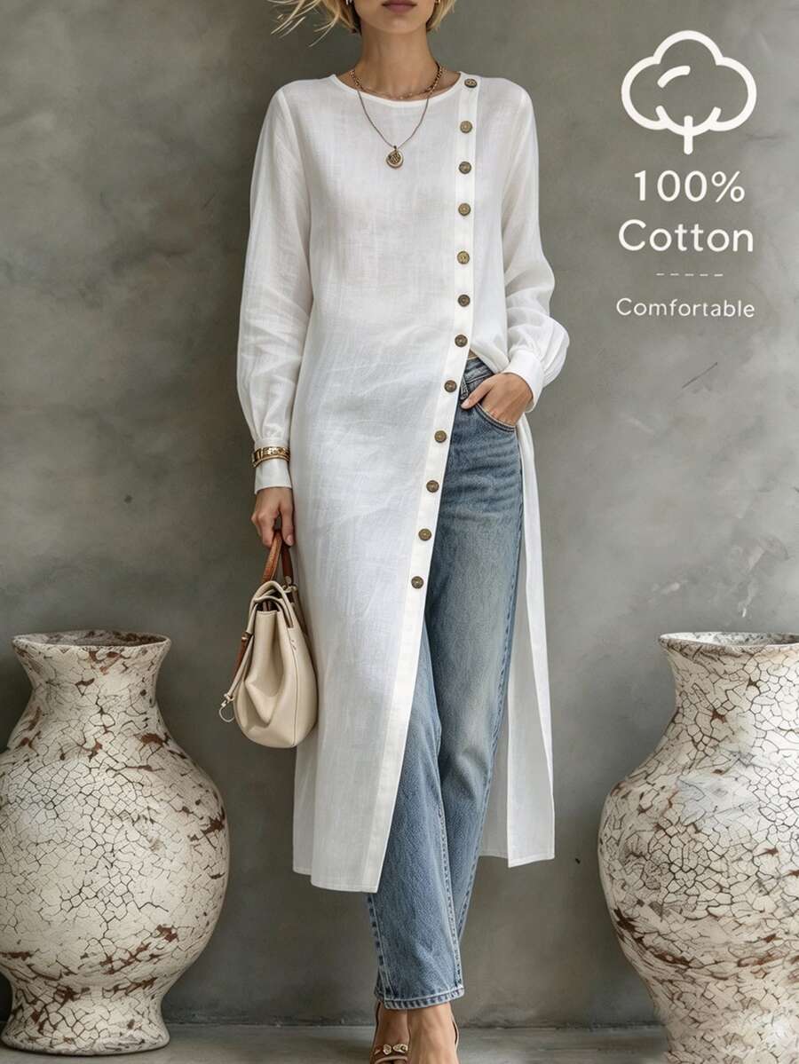 SHEIN Solid White Round Neck Diagonal Button Long Sleeve Maxi Dress For Women, Cuffed Lantern Sleeves, Front Slit, Loose Straight Fit, Artistic Minimalist Shirt-Style Versatile Top - White - View 1