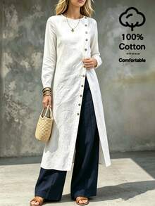 SHEIN Solid White Round Neck Diagonal Button Long Sleeve Maxi Dress For Women, Cuffed Lantern Sleeves, Front Slit, Loose Straight Fit, Artistic Minimalist Shirt-Style Versatile Top - White - View 8