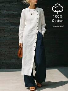 SHEIN Solid White Round Neck Diagonal Button Long Sleeve Maxi Dress For Women, Cuffed Lantern Sleeves, Front Slit, Loose Straight Fit, Artistic Minimalist Shirt-Style Versatile Top - White - View 4