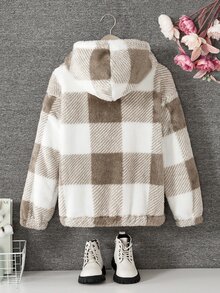 SHEIN 青少年女孩連帽卡其色白色格紋拼接大口袋寬鬆可愛酷女孩夾克，保暖內裡加厚，秋冬校園學生款 - 卡其色 - 查看 3