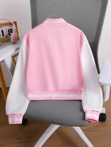 SHEIN 青少年女孩大學風夾克字母貼布拼色壓扣棒球外套休閒學院風校園外穿街頭風運動衫粉色白色 - 粉色 - 查看 3