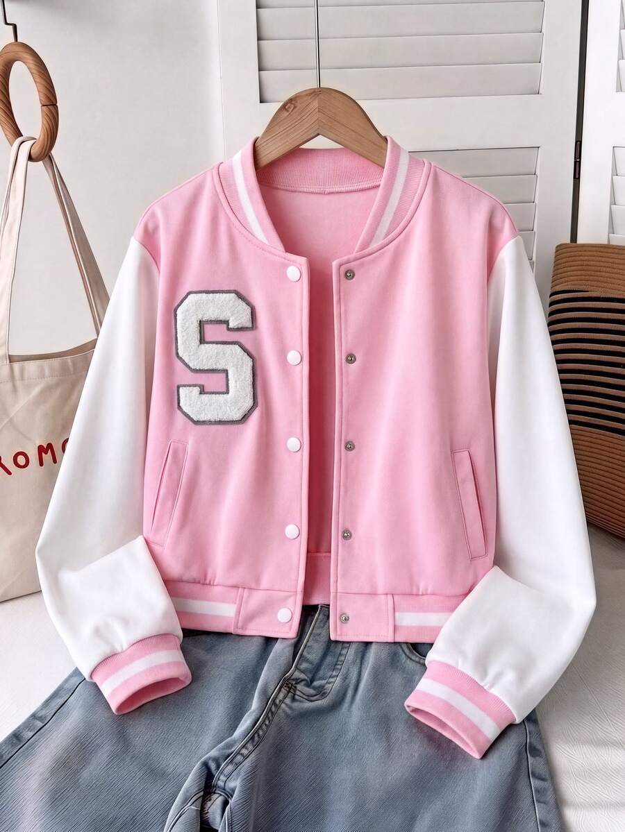 SHEIN 青少年女孩大學風夾克字母貼布拼色壓扣棒球外套休閒學院風校園外穿街頭風運動衫粉色白色