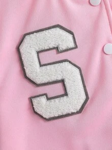 SHEIN 青少年女孩大學風夾克字母貼布拼色壓扣棒球外套休閒學院風校園外穿街頭風運動衫粉色白色 - 粉色 - 查看 6