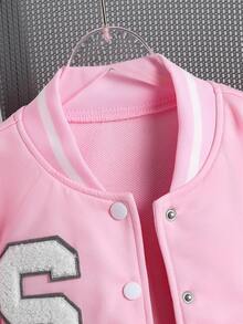 SHEIN 青少年女孩大學風夾克字母貼布拼色壓扣棒球外套休閒學院風校園外穿街頭風運動衫粉色白色 - 粉色 - 查看 7