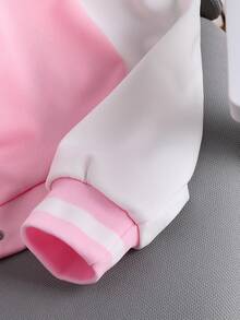 SHEIN 青少年女孩大學風夾克字母貼布拼色壓扣棒球外套休閒學院風校園外穿街頭風運動衫粉色白色 - 粉色 - 查看 5