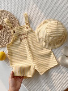 SHEIN 2件/組 中性嬰兒服裝，男嬰女嬰夏季休閒可愛黃色格紋吊帶褲與黃色格紋水桶帽，吊帶褲套裝，格紋套裝，可愛吊帶褲 - 彩色 - 查看 4