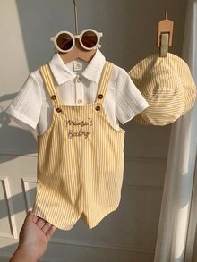 SHEIN 2件/組 中性嬰兒服裝，男嬰女嬰夏季休閒可愛黃色格紋吊帶褲與黃色格紋水桶帽，吊帶褲套裝，格紋套裝，可愛吊帶褲 - 彩色 - 查看 3