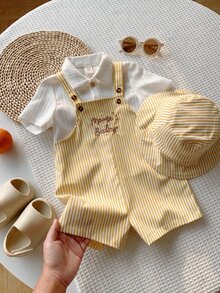SHEIN 2件/組 中性嬰兒服裝，男嬰女嬰夏季休閒可愛黃色格紋吊帶褲與黃色格紋水桶帽，吊帶褲套裝，格紋套裝，可愛吊帶褲 - 彩色 - 查看 8