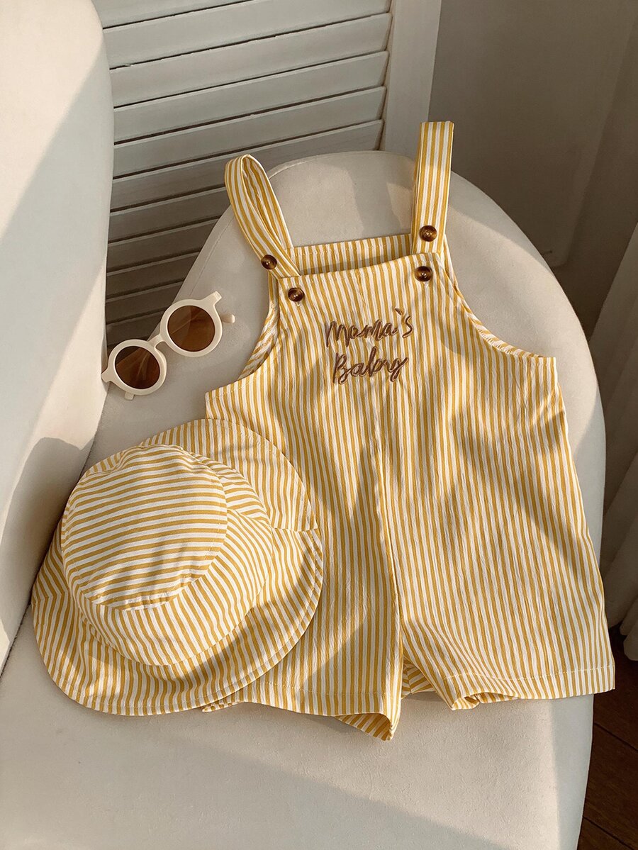 SHEIN 2件/組 中性嬰兒服裝,男嬰女嬰夏季休閒可愛黃色格紋吊帶褲與黃色格紋水桶帽,吊帶褲套裝,格紋套裝,可愛吊帶褲 - 彩色 - 查看 1