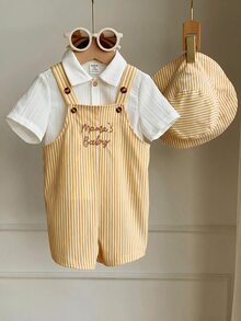 SHEIN 2件/組 中性嬰兒服裝，男嬰女嬰夏季休閒可愛黃色格紋吊帶褲與黃色格紋水桶帽，吊帶褲套裝，格紋套裝，可愛吊帶褲 - 彩色 - 查看 5