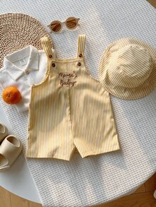 SHEIN 2件/組 中性嬰兒服裝，男嬰女嬰夏季休閒可愛黃色格紋吊帶褲與黃色格紋水桶帽，吊帶褲套裝，格紋套裝，可愛吊帶褲 - 彩色 - 查看 7