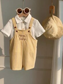 SHEIN 2件/組 中性嬰兒服裝，男嬰女嬰夏季休閒可愛黃色格紋吊帶褲與黃色格紋水桶帽，吊帶褲套裝，格紋套裝，可愛吊帶褲 - 彩色 - 查看 6