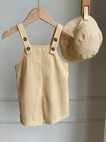 SHEIN 2件/組 中性嬰兒服裝，男嬰女嬰夏季休閒可愛黃色格紋吊帶褲與黃色格紋水桶帽，吊帶褲套裝，格紋套裝，可愛吊帶褲 - 彩色 - 查看 2