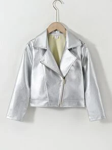 SHEIN Tween Girl Cool & Stylish Faux Leather Short Jacket, Long Sleeve Fall Winter, Holiday - Silver - View 4