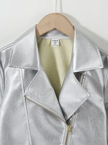 SHEIN Tween Girl Cool & Stylish Faux Leather Short Jacket, Long Sleeve Fall Winter, Holiday - Silver - View 5