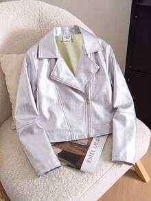 SHEIN Tween Girl Cool & Stylish Faux Leather Short Jacket, Long Sleeve Fall Winter, Holiday - Silver - View 2
