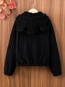 Tween Girl Long Sleeve Fall Clothes Fall 1pc 3D Ear Design Hooded Coral Fleece Jacket School Black Winter Cute Kawaii - Black - View 3